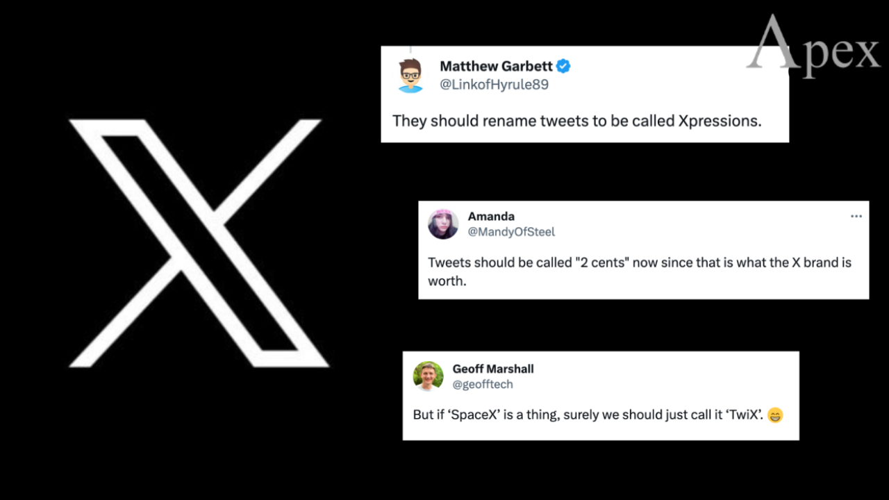 X logo with posts suggesting tweet name changes Large X logo alongside humorous social media posts suggesting new names for tweets.