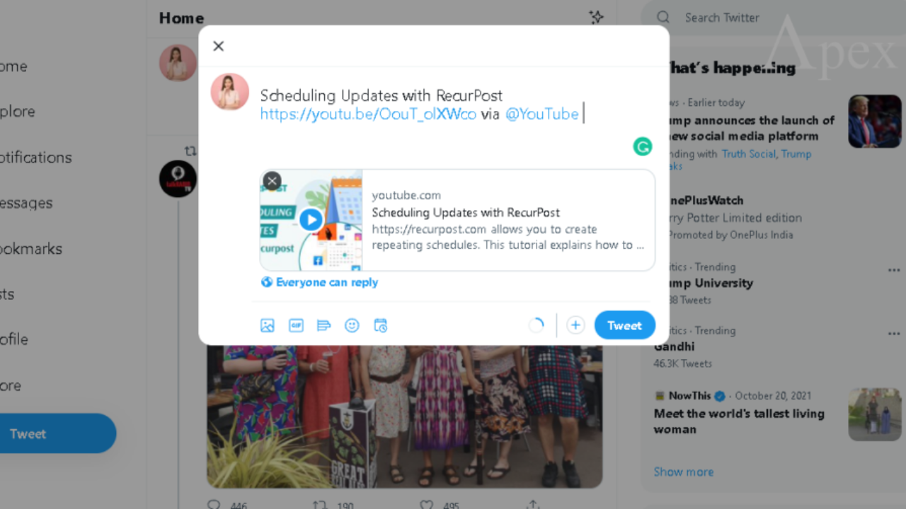 Composing a tweet with a link preview User composing a tweet with a YouTube link preview.