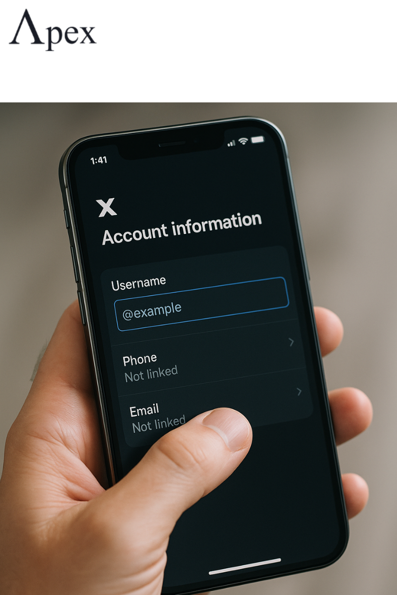Hand holding a smartphone showing the Account Information screen on X with the username field