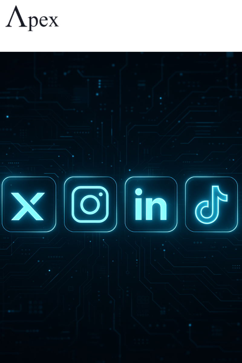 Digital neon icons of X, Instagram, LinkedIn, and TikTok on a dark tech background