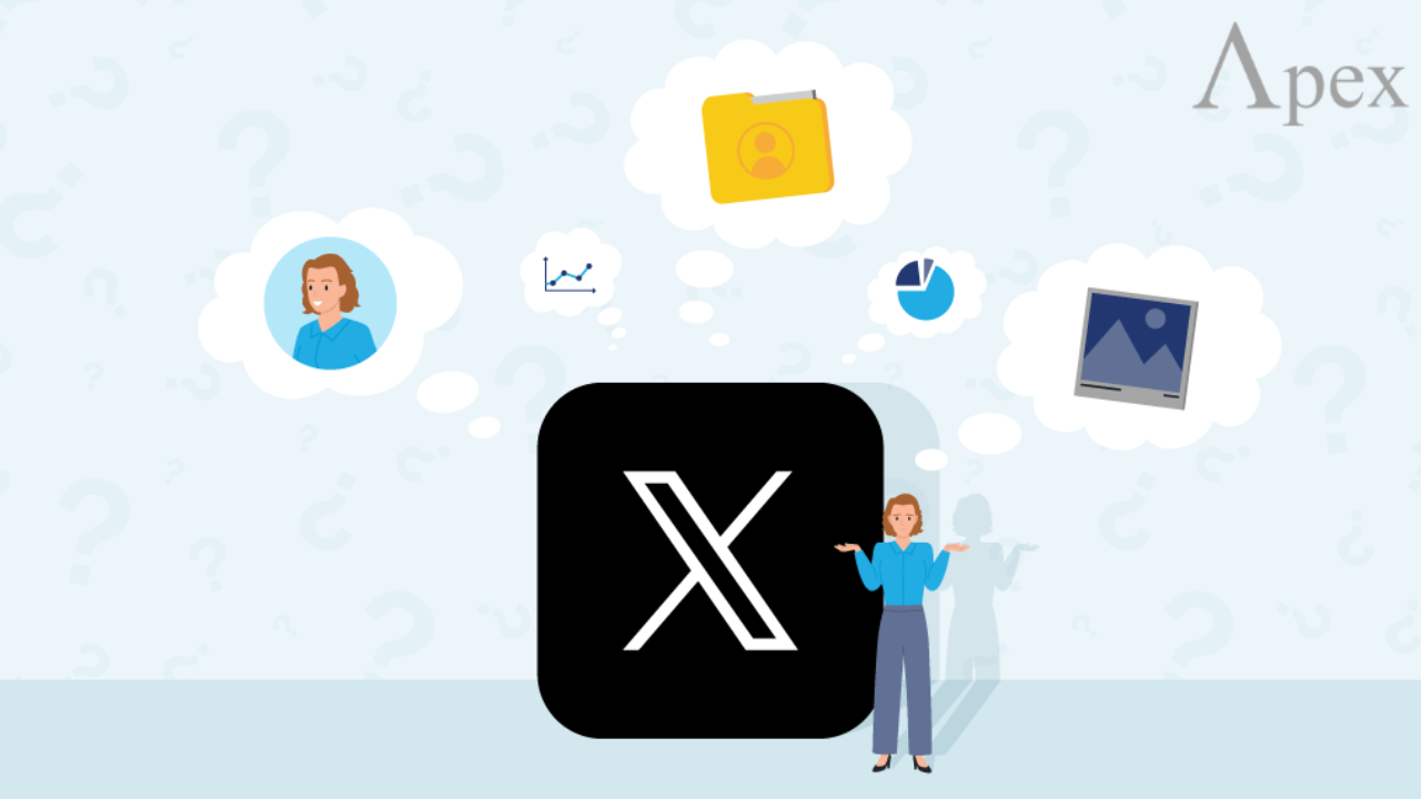 Illustration with X logo and thought bubbles Illustration of a person standing beside the X logo with thought bubbles containing icons such as a profile picture, folder, chart, and photo.