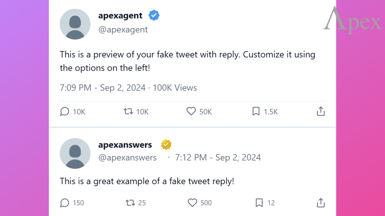 Example of fake generated tweets: one from @apexagent with a preview message and another from @apexanswers replying as a fake reply example.