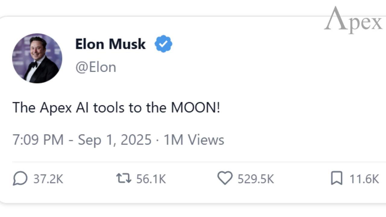 Fake tweet showing Elon Musk's profile with the message: 'The Apex AI tools to the MOON!'