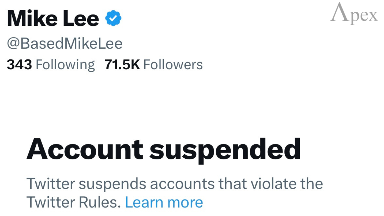 X account suspended notice Screenshot showing a suspended X (Twitter) account message with the text 'Account suspended. Twitter suspends accounts that violate the Twitter Rules.'