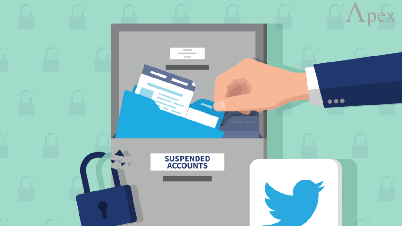 Suspended Twitter accounts illustration Illustration of a hand placing files into a cabinet labeled 'Suspended Accounts', symbolizing locked Twitter profiles.